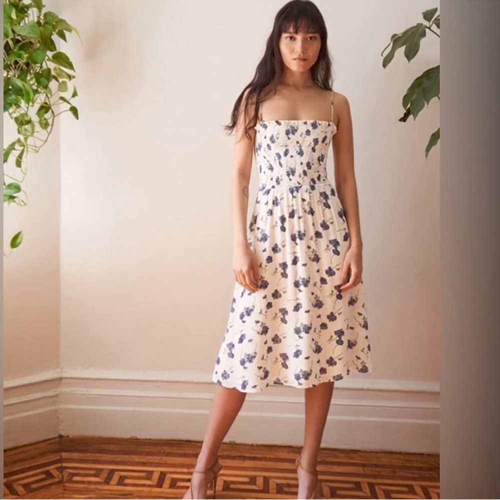 Reformation Cream Midi Dress with Blue Floral Print